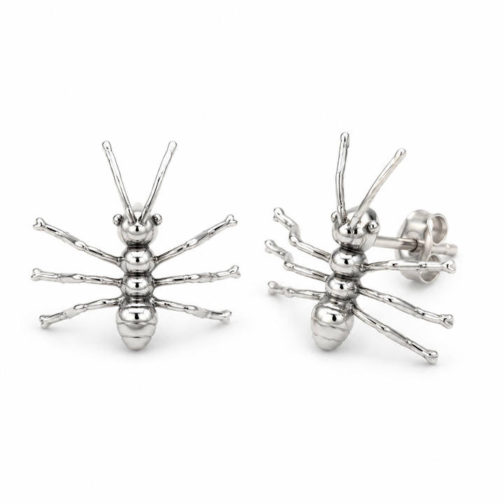 Sterling Silver Ant Stud Earrings – 0.75-Inch Insect Post Earrings with Butterfly Backs