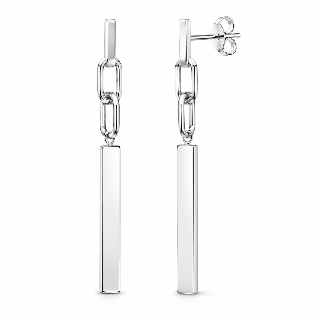 Sterling Silver Long Bar Drop Earrings – 1.5-Inch Traditional Link Dangle Post Earrings