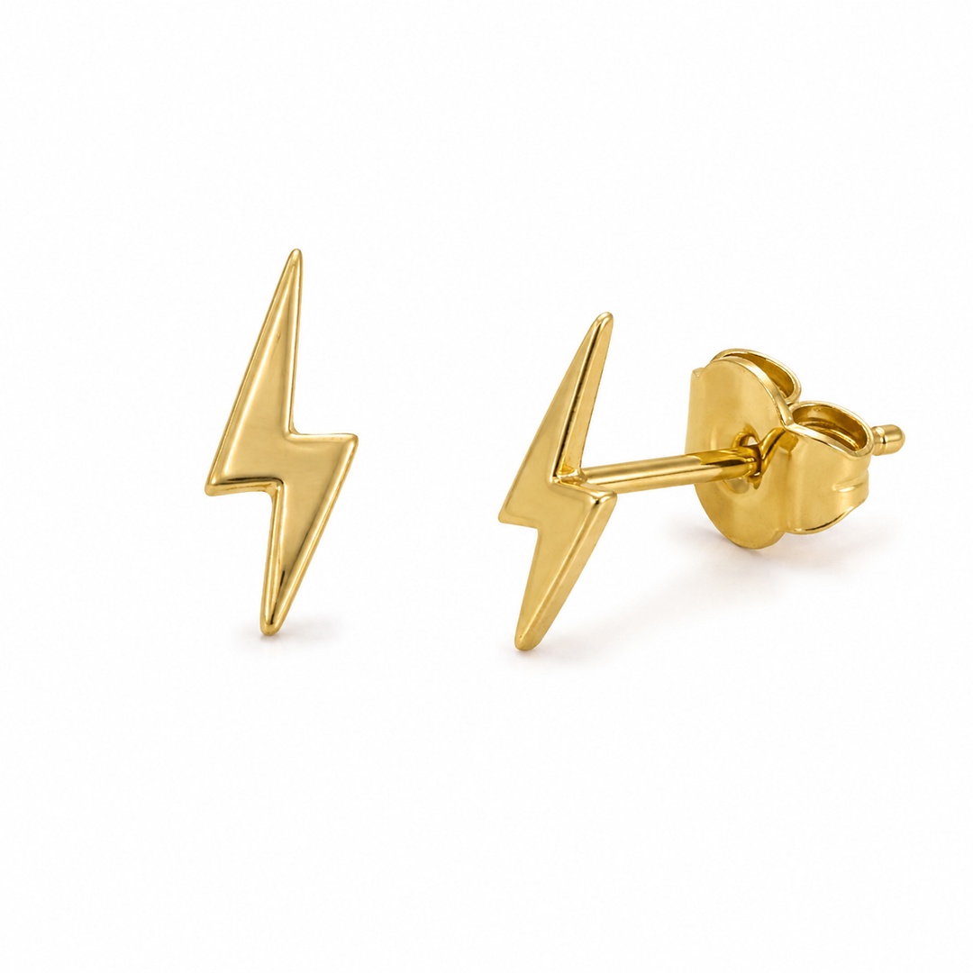 18K Gold Over Sterling Silver Lightning Bolt Stud Earrings – 0.40-Inch Minimalist Posts