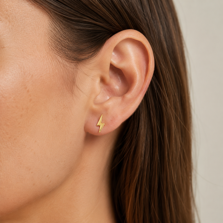 18K Gold Over Sterling Silver Lightning Bolt Stud Earrings – 0.40-Inch Minimalist Posts