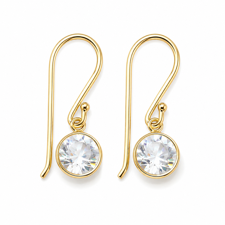 14K Gold Over Sterling Silver Diamond Simulant Drop Earrings – 0.8-Inch Round Bezel Dangles