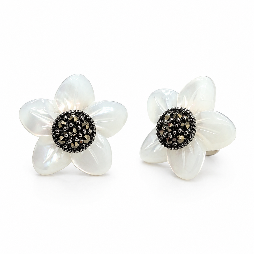Mother of Pearl Flower Marcasite Sterling Silver Post Earrings – 0.6 Inch Floral Stud Earrings