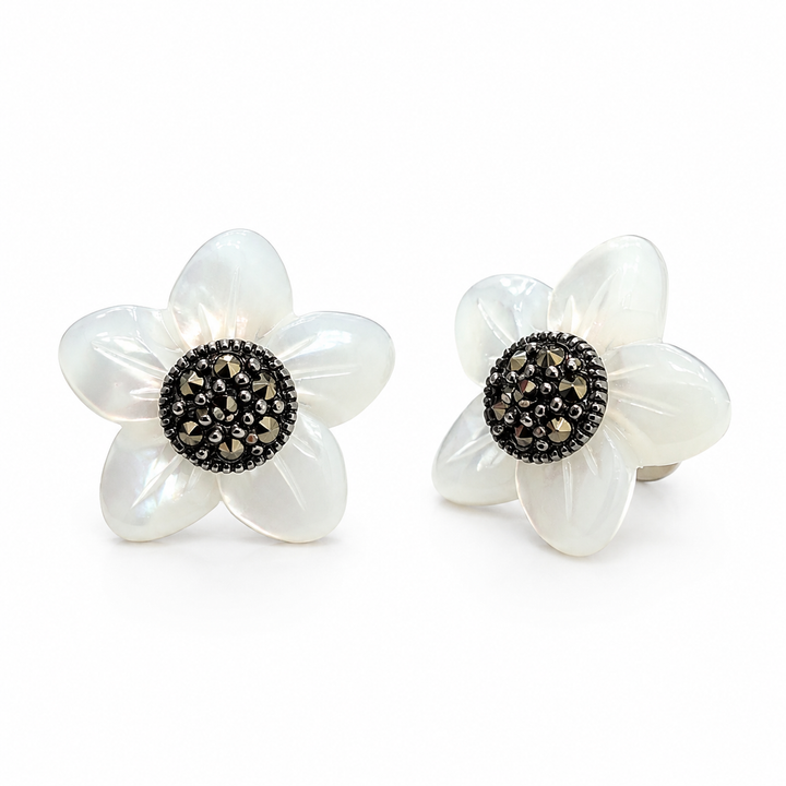 Mother of Pearl Flower Marcasite Sterling Silver Post Earrings – 0.6 Inch Floral Stud Earrings