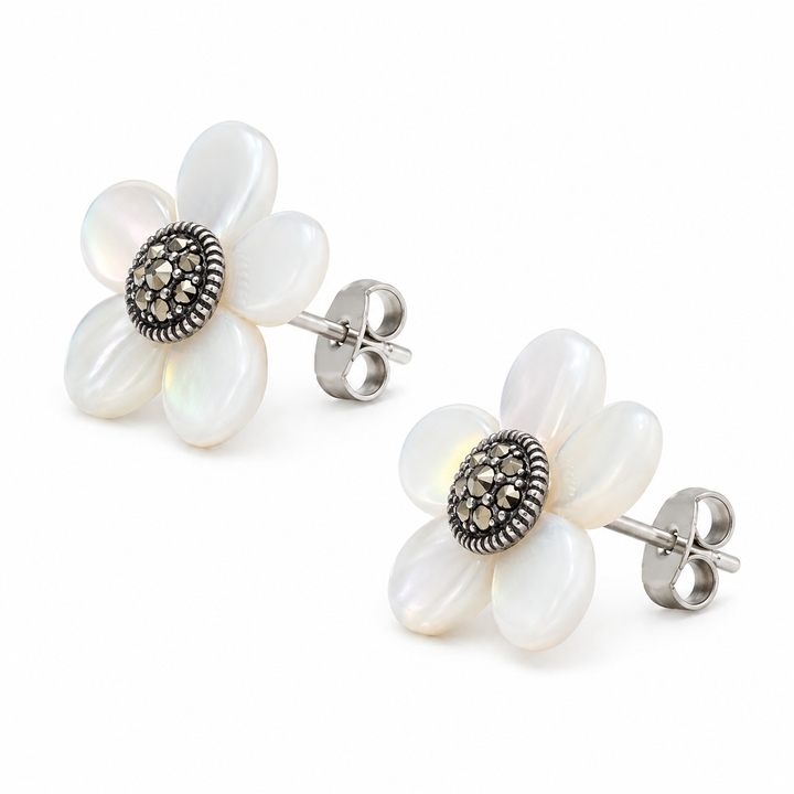 Mother of Pearl Flower Marcasite Sterling Silver Post Earrings – 0.6 Inch Floral Stud Earrings