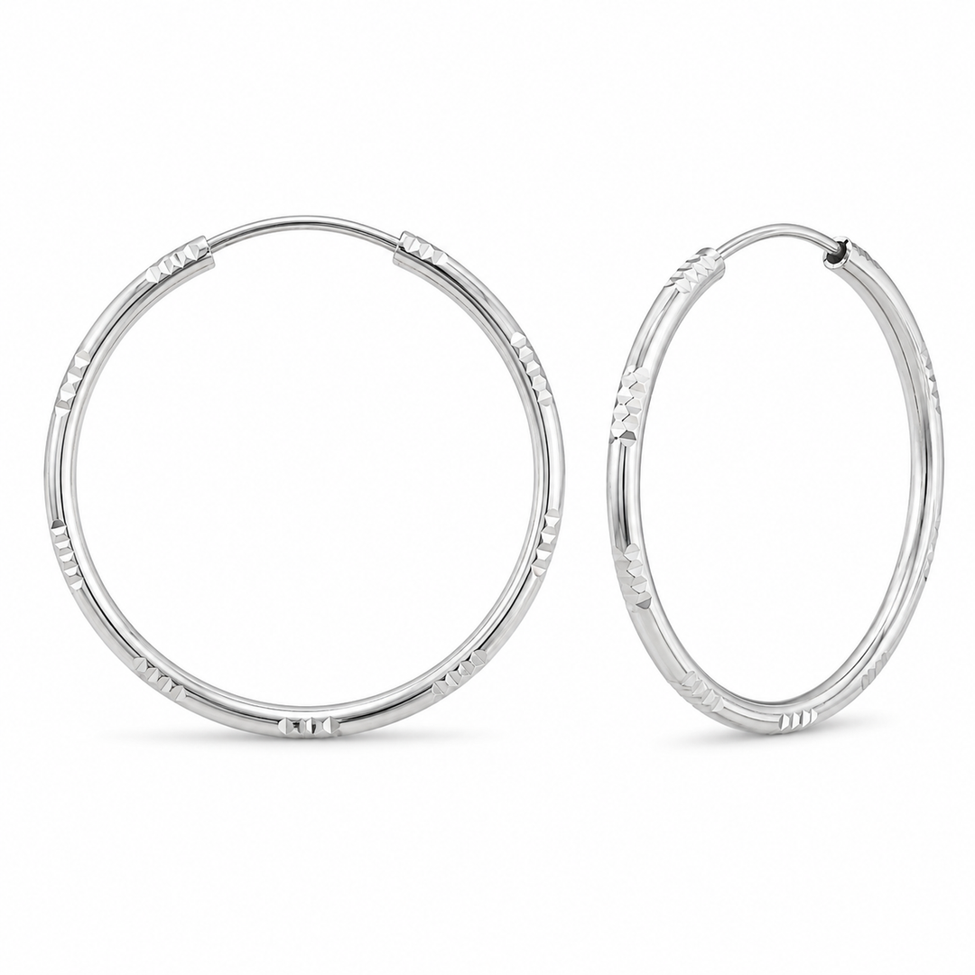 Sterling Silver Diamond-Cut Hoop Earrings – 1.4 Inch Polished Textured Round Hoops