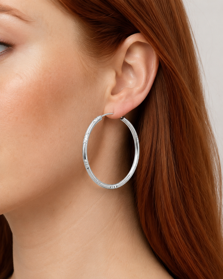 Sterling Silver Diamond-Cut Hoop Earrings – 1.4 Inch Polished Textured Round Hoops