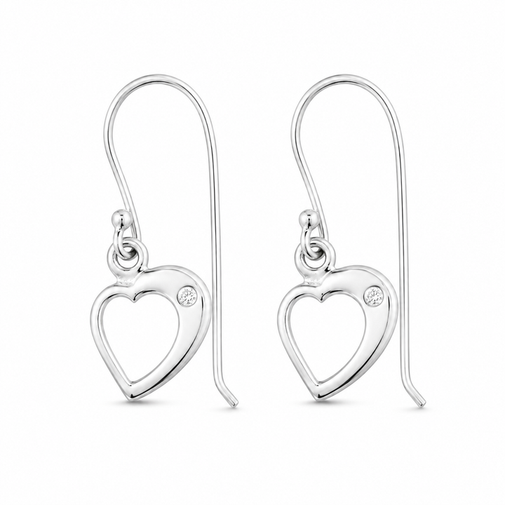 Rhodium-Plated Sterling Silver Open Heart Dangle Earrings with Clear Stone Accents – 0.9 Inch