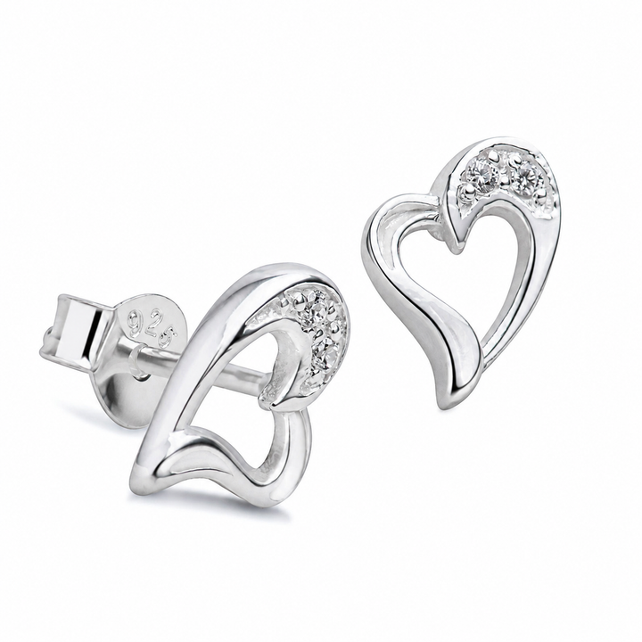 Sterling Silver Open Heart Stud Earrings with Diamond Simulants – Rhodium Plated 0.4 Inch