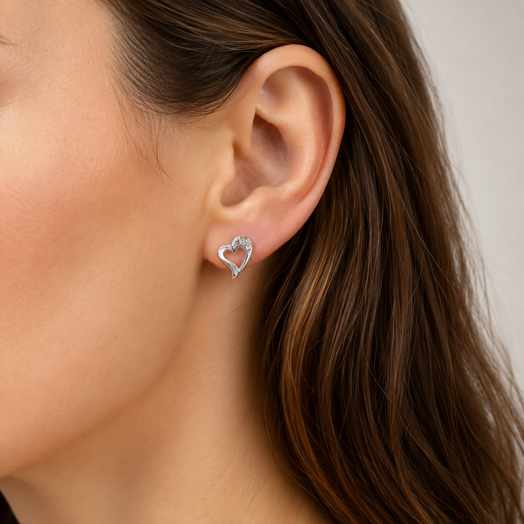 Sterling Silver Open Heart Stud Earrings with Diamond Simulants – Rhodium Plated 0.4 Inch