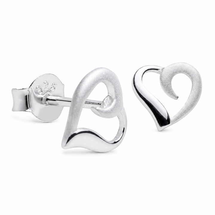 0.35 Inch Matte and Polished Heart Stud Earrings – Rhodium-Plated Sterling Silver Open Heart Posts