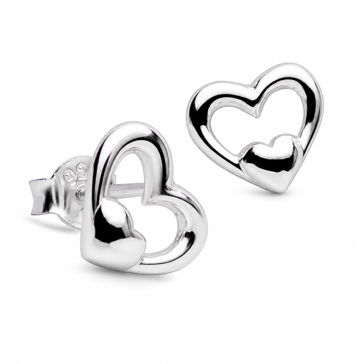 Rhodium-Plated Sterling Silver Double Heart Stud Earrings – 0.4 Inch Polished Open Heart Posts