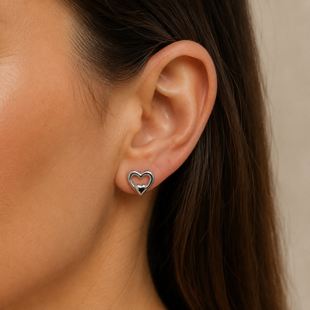 Rhodium-Plated Sterling Silver Double Heart Stud Earrings – 0.4 Inch Polished Open Heart Posts