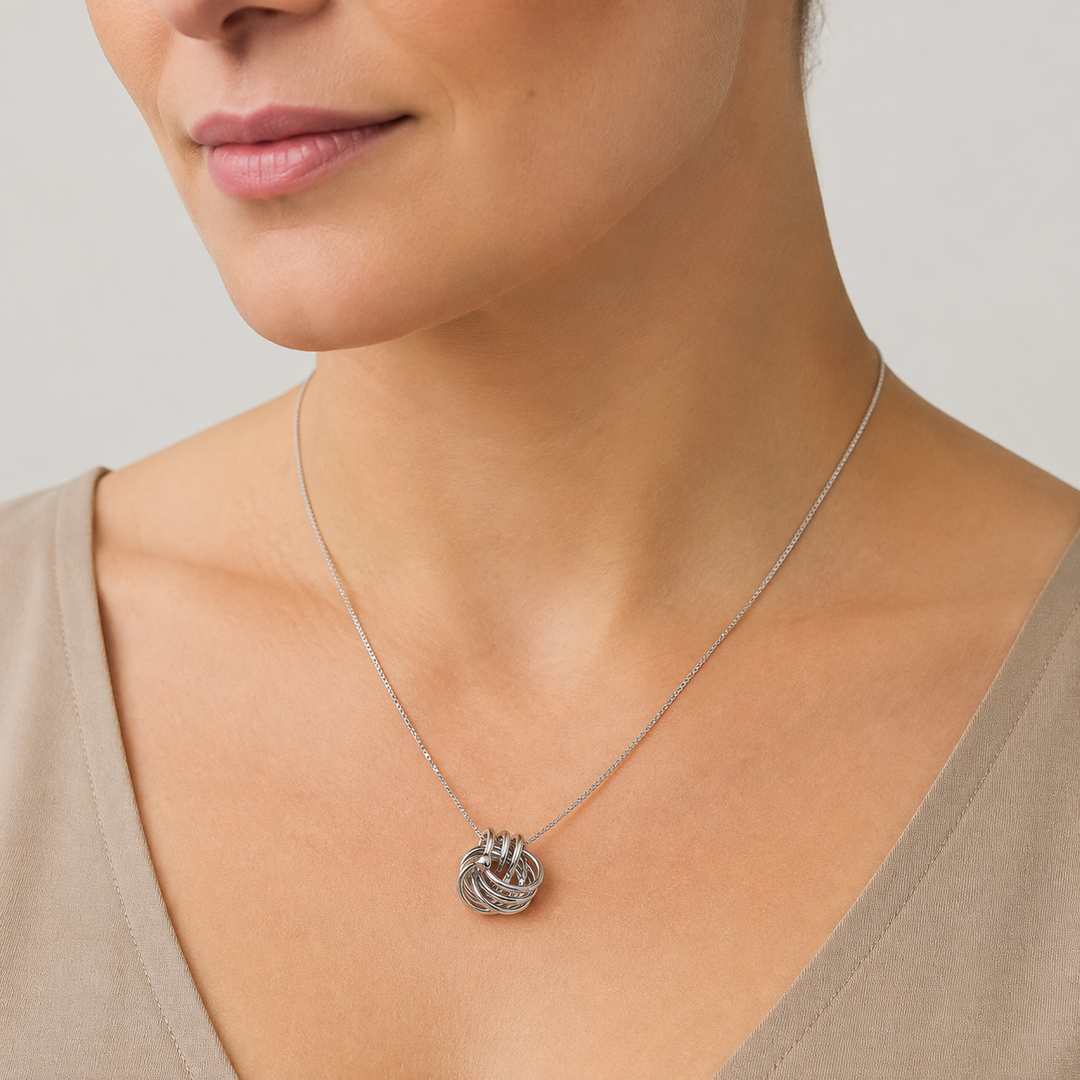 Sterling Silver Woven Love Knot Pendant – 0.5 Inch Rhodium-Plated Interlocking Circle Pendant, Chain Not Included