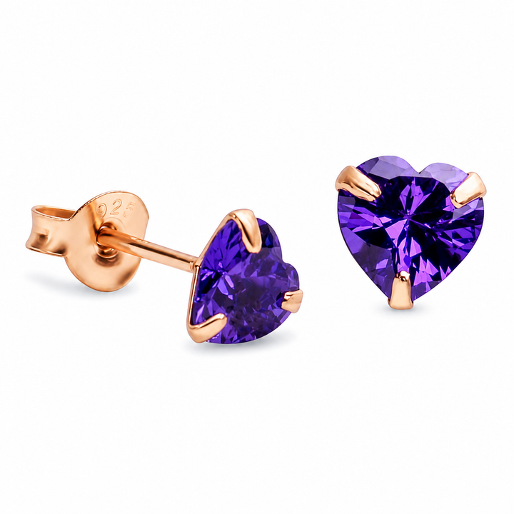 Hand-Cut Amethyst Heart Stud Earrings in Rose Gold Over Sterling Silver – 6mm