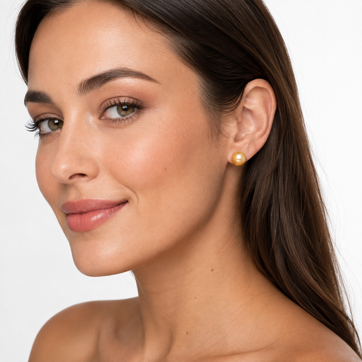 8mm Golden Freshwater Pearl Stud Earrings with Sterling Silver Posts