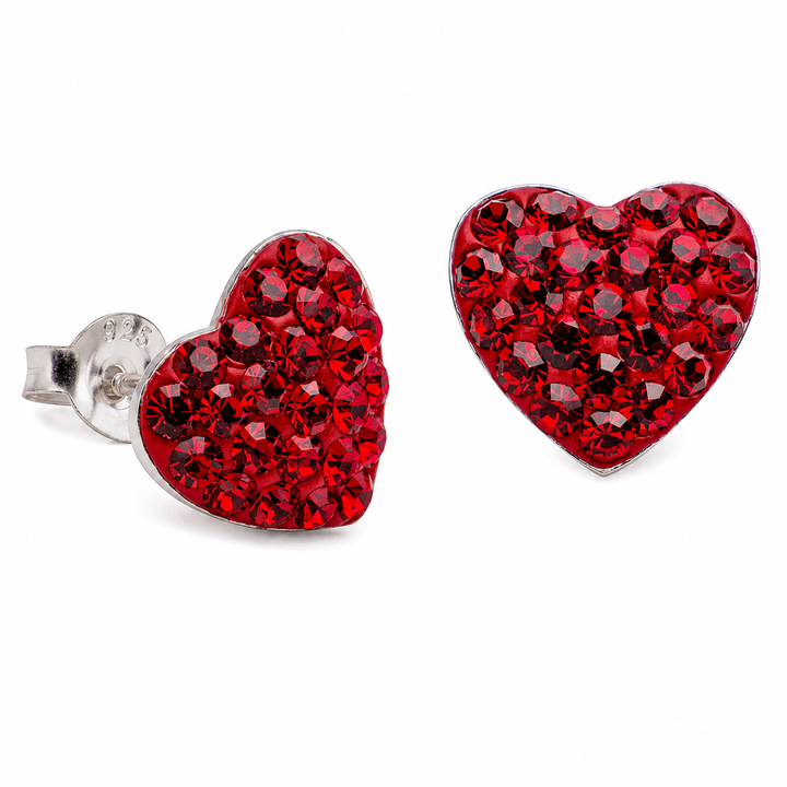 11mm Red Crystal Heart Stud Earrings in Sterling Silver