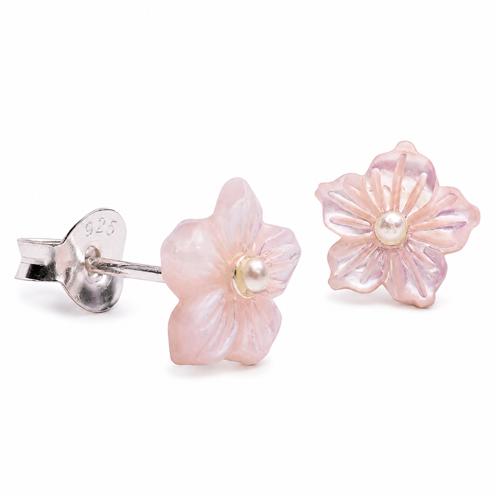 7.5mm Pink Mother-of-Pearl Flower Stud Earrings in Sterling Silver