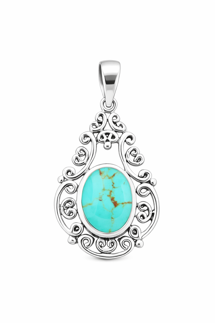 Sterling Silver Reconstituted Turquoise Filigree Pendant – 1 3/8" Vintage Style Oval Turquoise Necklace Charm