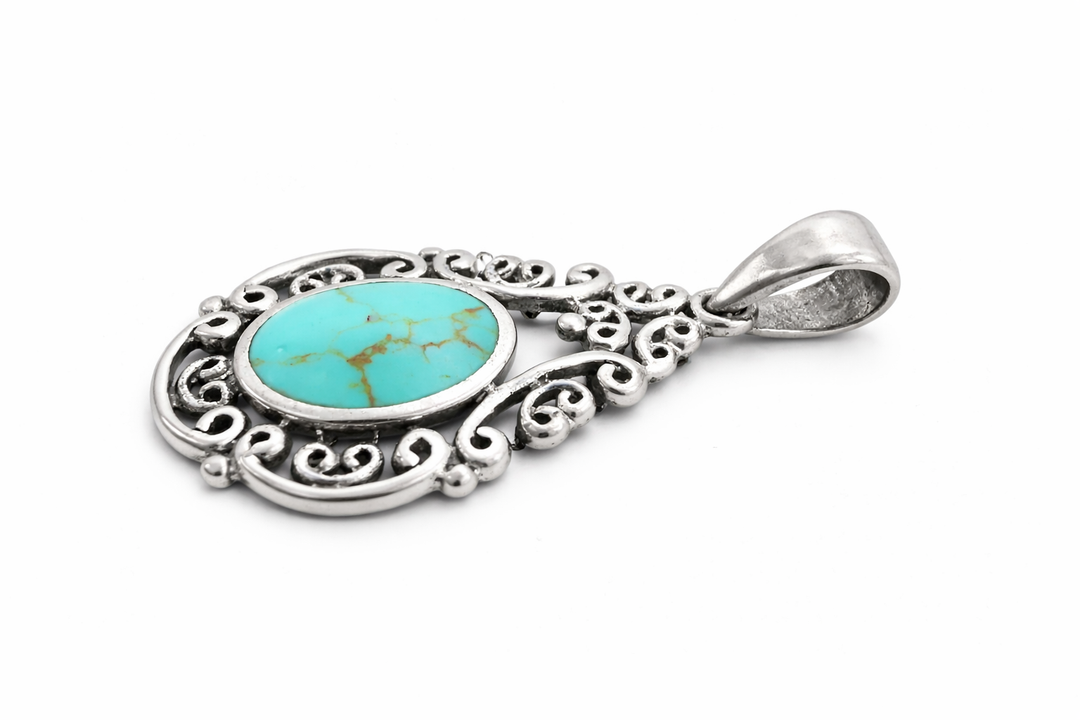 Sterling Silver Reconstituted Turquoise Filigree Pendant – 1 3/8" Vintage Style Oval Turquoise Necklace Charm