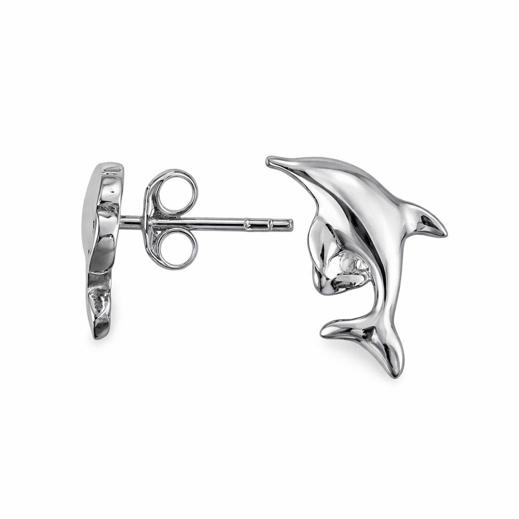 0.5" Polished Silver Dolphin Stud Earrings – Sterling Silver Dolphin Earrings with Post Back