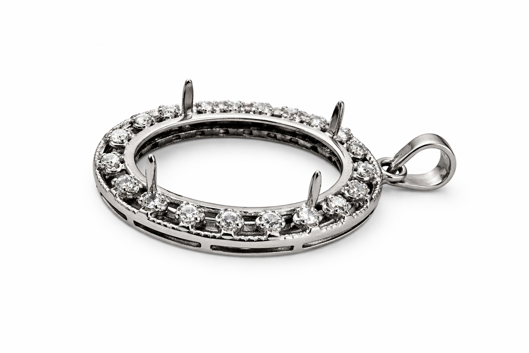 Sterling Silver Oval Pendant Setting 20x15mm – Diamond Simulant Halo Mount, 1" Jewelry Stone Holder