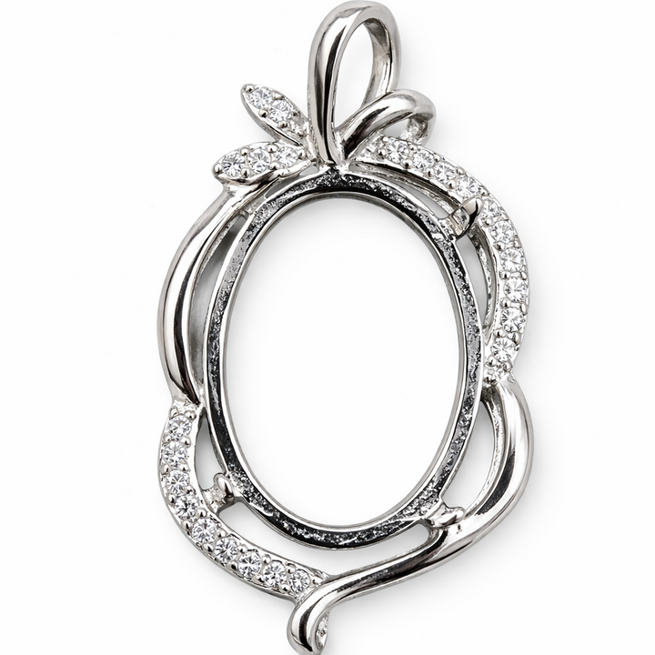 Sterling Silver Oval Pendant Setting 20x15mm – CZ Halo Vine Design Gemstone Mount 1.4" Jewelry Pendant