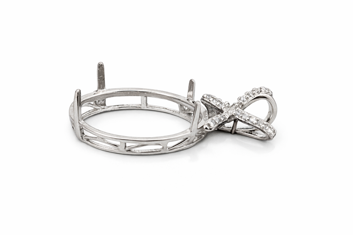 Sterling Silver Oval Pendant Mounting for 18mm x 15mm Stone – CZ Accent Setting – 1.2" x 0.65"