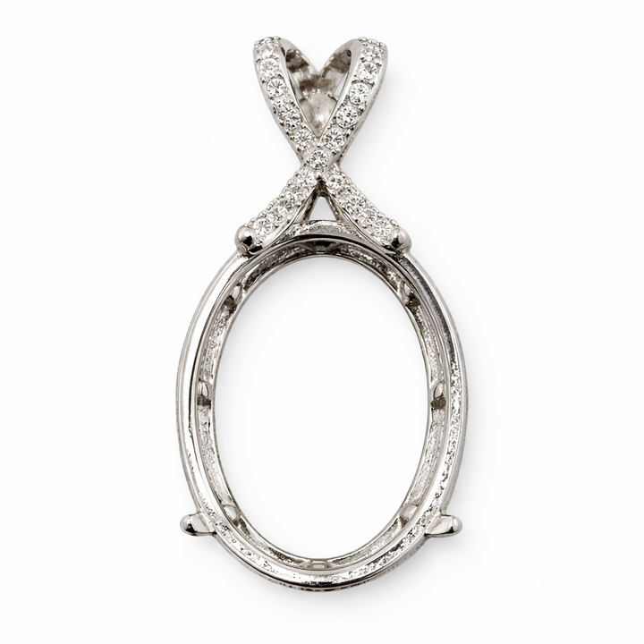 Sterling Silver Oval Pendant Mounting for 18mm x 15mm Stone – CZ Accent Setting – 1.2" x 0.65"