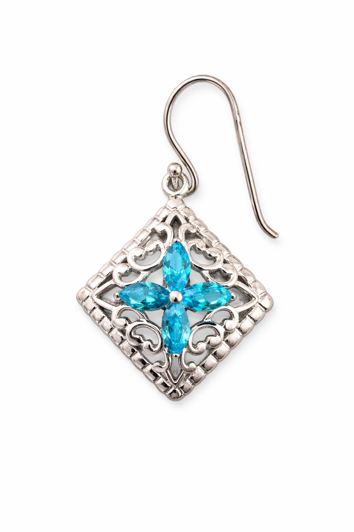 Sterling Silver Blue Topaz Drop Earrings – 1.75 TCW – Four 3x5mm Marquise Stones – 1 Inch Dangle – Vintage Filigree Gemstone Earrings