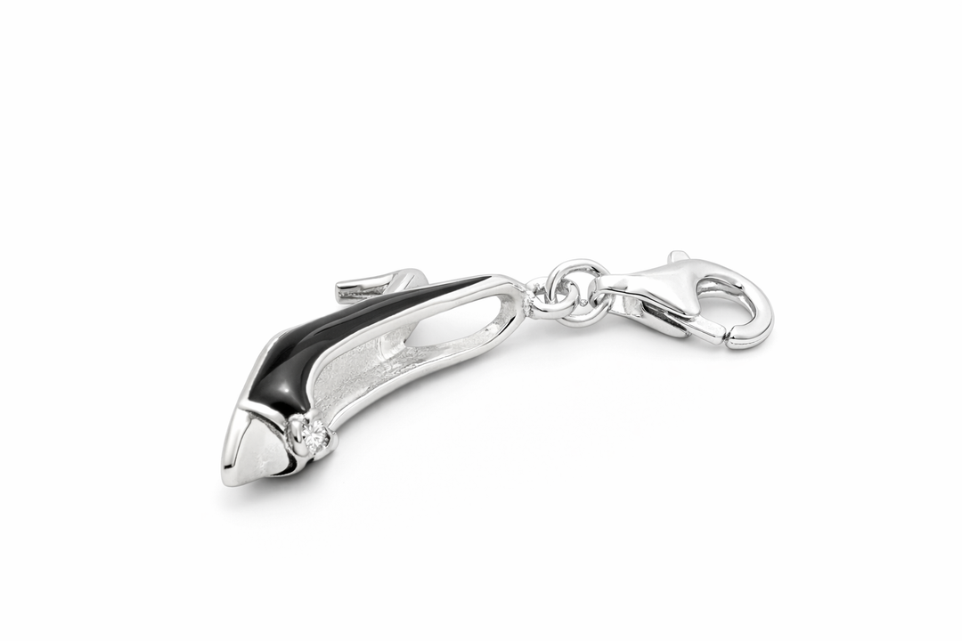 Sterling Silver High Heel Shoe Charm with Clasp – 1.15 Inch Drop Black Enamel Stiletto Pendant