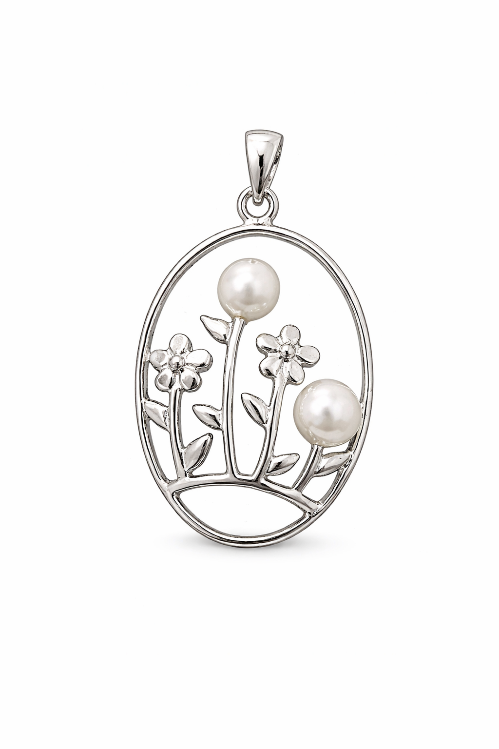 Sterling Silver Floral Pearl Pendant Necklace – Two 6mm Simulated Pearls – 1.7 Inch Drop – 16" Box Chain Included