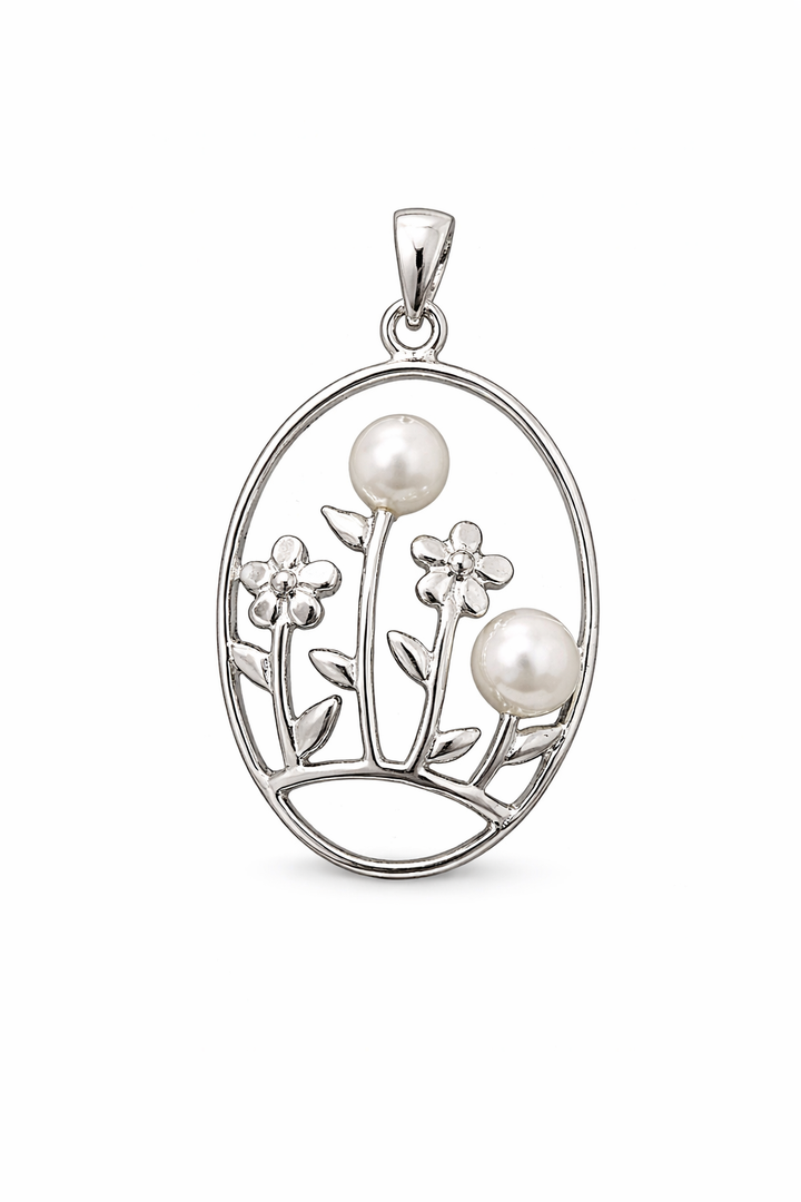 Sterling Silver Floral Pearl Pendant Necklace – Two 6mm Simulated Pearls – 1.7 Inch Drop – 16" Box Chain Included