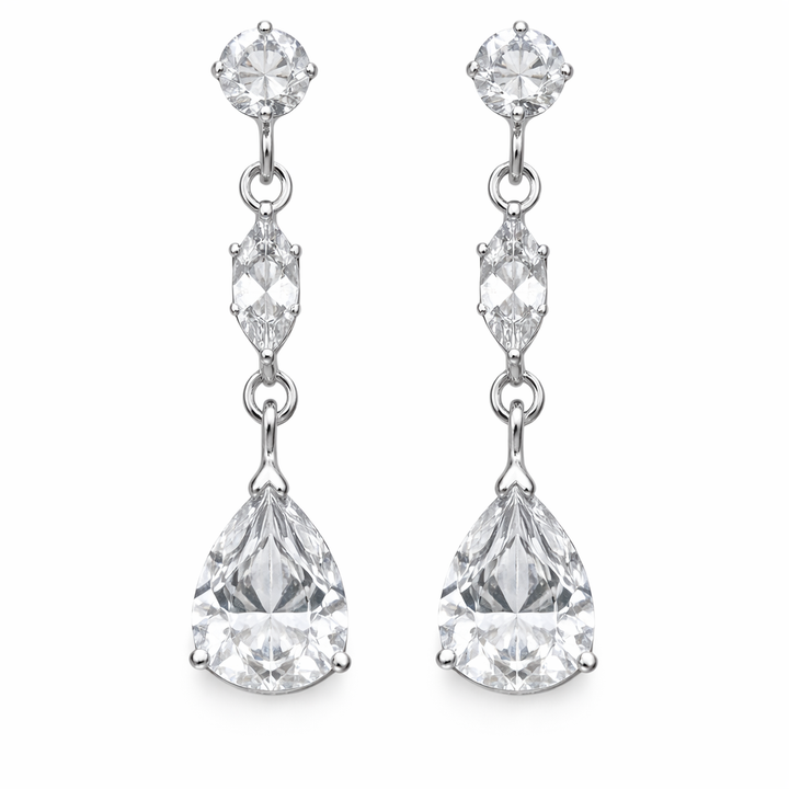 Sterling Silver Clear Crystal CZ Three-Stone Dangle Earrings – Pear, Marquise & Round Cut – 1.25 Inch Drop – Diamond Alternative Jewelry