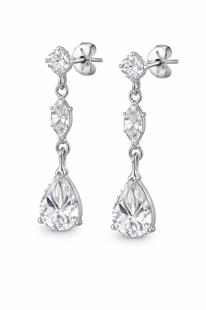 Sterling Silver Clear Crystal CZ Three-Stone Dangle Earrings – Pear, Marquise & Round Cut – 1.25 Inch Drop – Diamond Alternative Jewelry