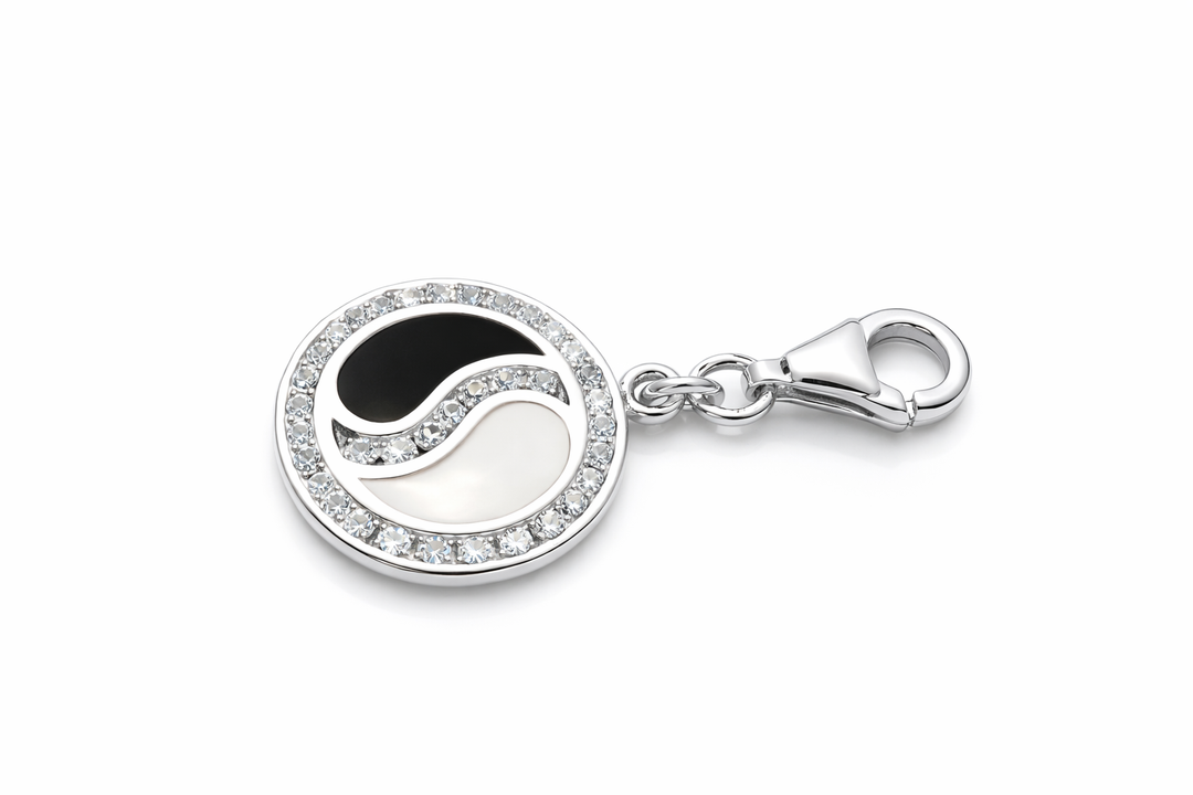 Sterling Silver Yin Yang Charm Pendant with Lobster Clasp – 1.1 Inch Drop with Bail – CZ Accented Black & White Enamel Balance Charm