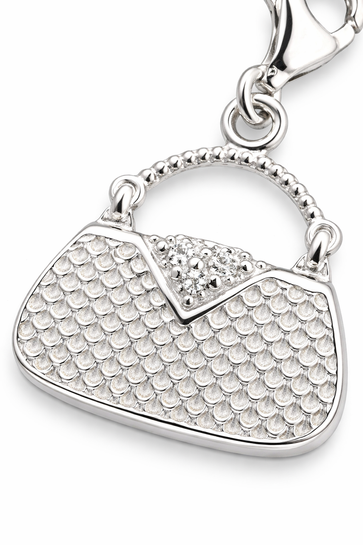 Sterling Silver Handbag Charm Pendant with Clasp – 1.15 Inch Drop, Textured Purse Charm with CZ Accents