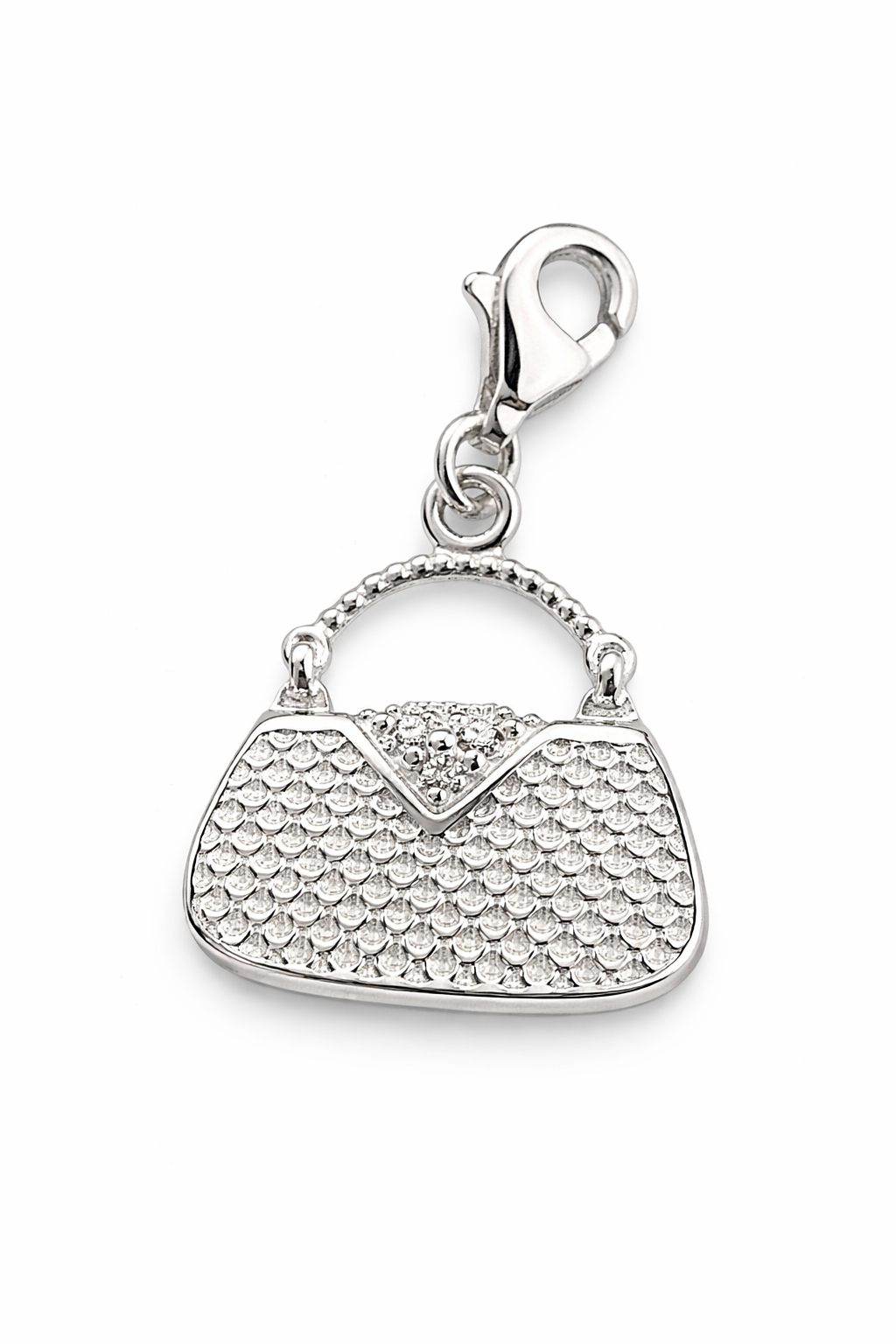 Sterling Silver Handbag Charm Pendant with Clasp – 1.15 Inch Drop, Textured Purse Charm with CZ Accents