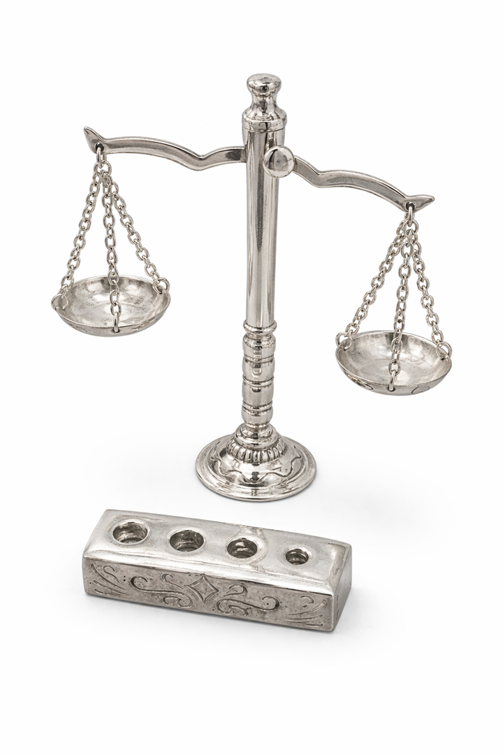 Sterling Silver Miniature Balance Scale with Weights & Holder – 2.65” Tall, 29.5g Vintage Desk Display or Collector’s Piece