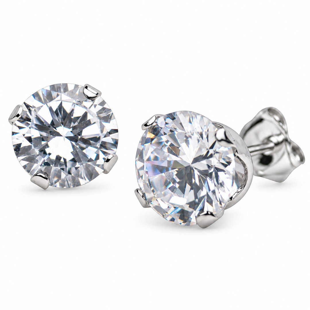 4mm Round Cubic Zirconia Four-Prong Sterling Silver Stud Earrings – Approximately 0.80 Carat Total Weight
