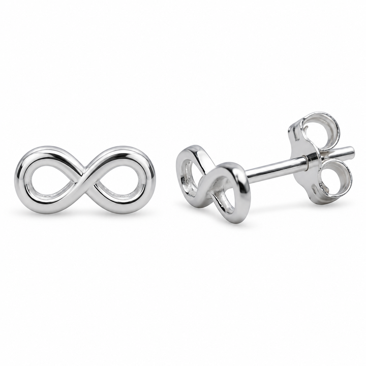 Petite Sterling Silver Infinity Symbol Stud Earrings with Push-Back Closures – 3.6mm x 8.5mm