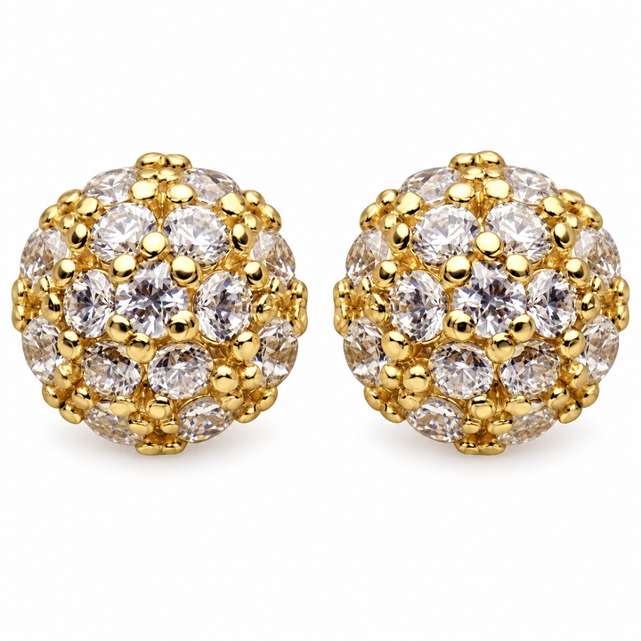 14K Yellow Gold Cubic Zirconia Domed Half-Ball Cluster Stud Earrings – 30 Prong-Set Stones – 3.5mm