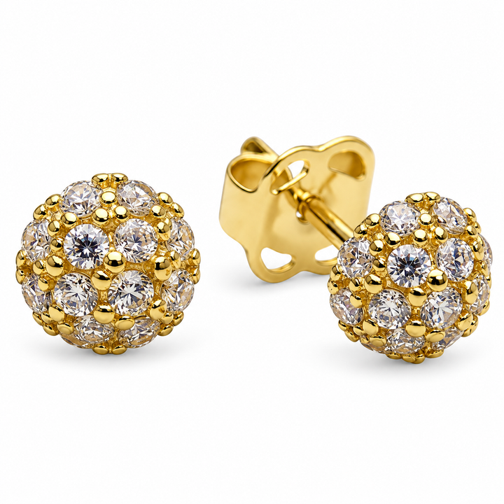 14K Yellow Gold Cubic Zirconia Domed Half-Ball Cluster Stud Earrings – 30 Prong-Set Stones – 3.5mm