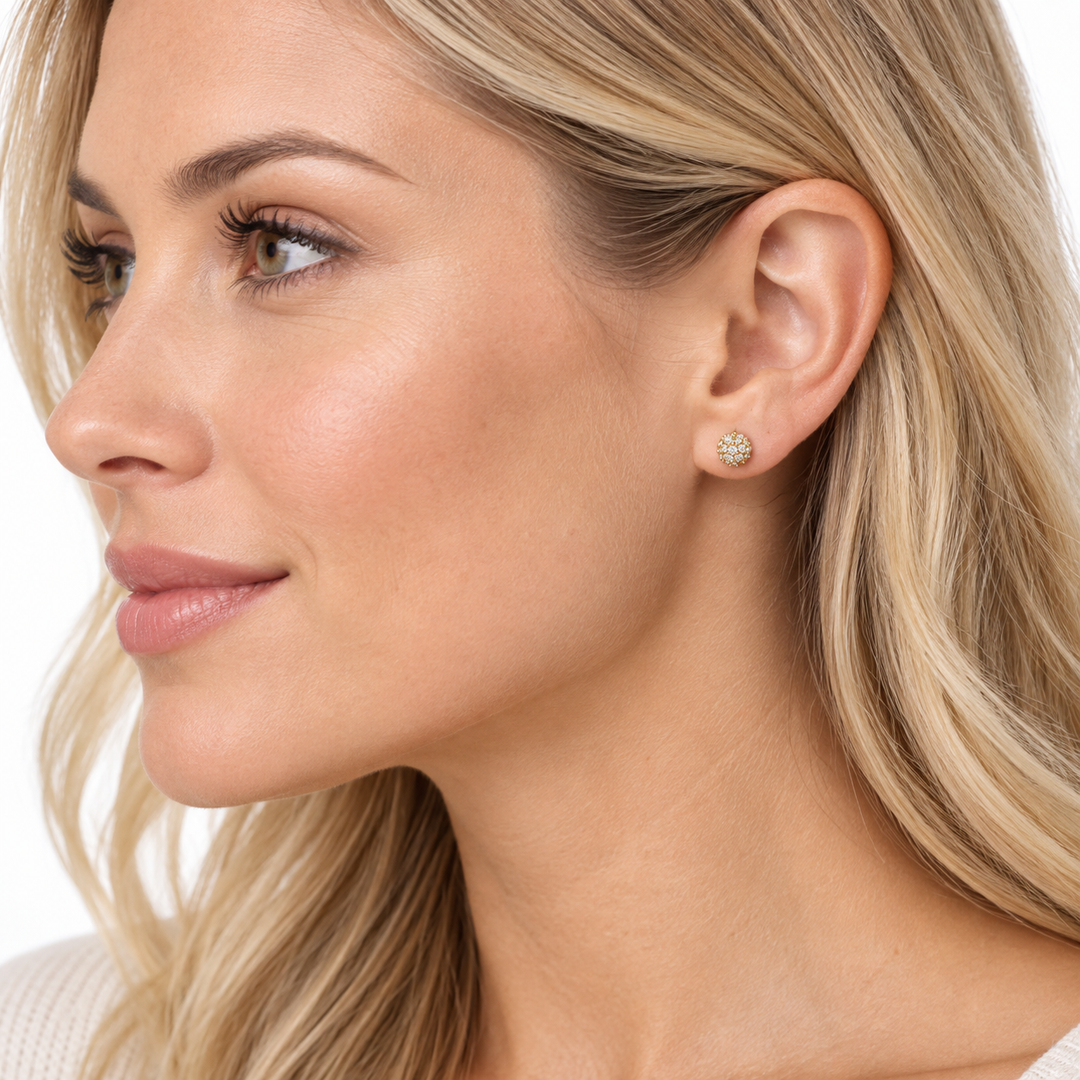 14K Yellow Gold Cubic Zirconia Domed Half-Ball Cluster Stud Earrings – 30 Prong-Set Stones – 3.5mm