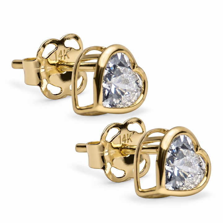 Solid 14K Yellow Gold Heart-Cut Cubic Zirconia Bezel-Set Stud Earrings – 0.50 Carat Total Weight