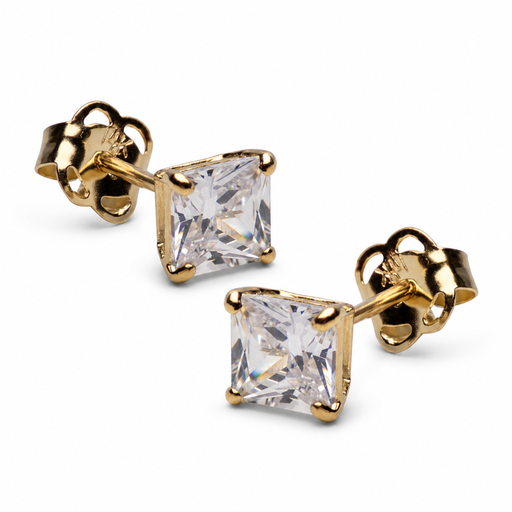 0.78 Carat Total Weight Princess-Cut Diamond Simulant Stud Earrings in Solid 14K Yellow Gold