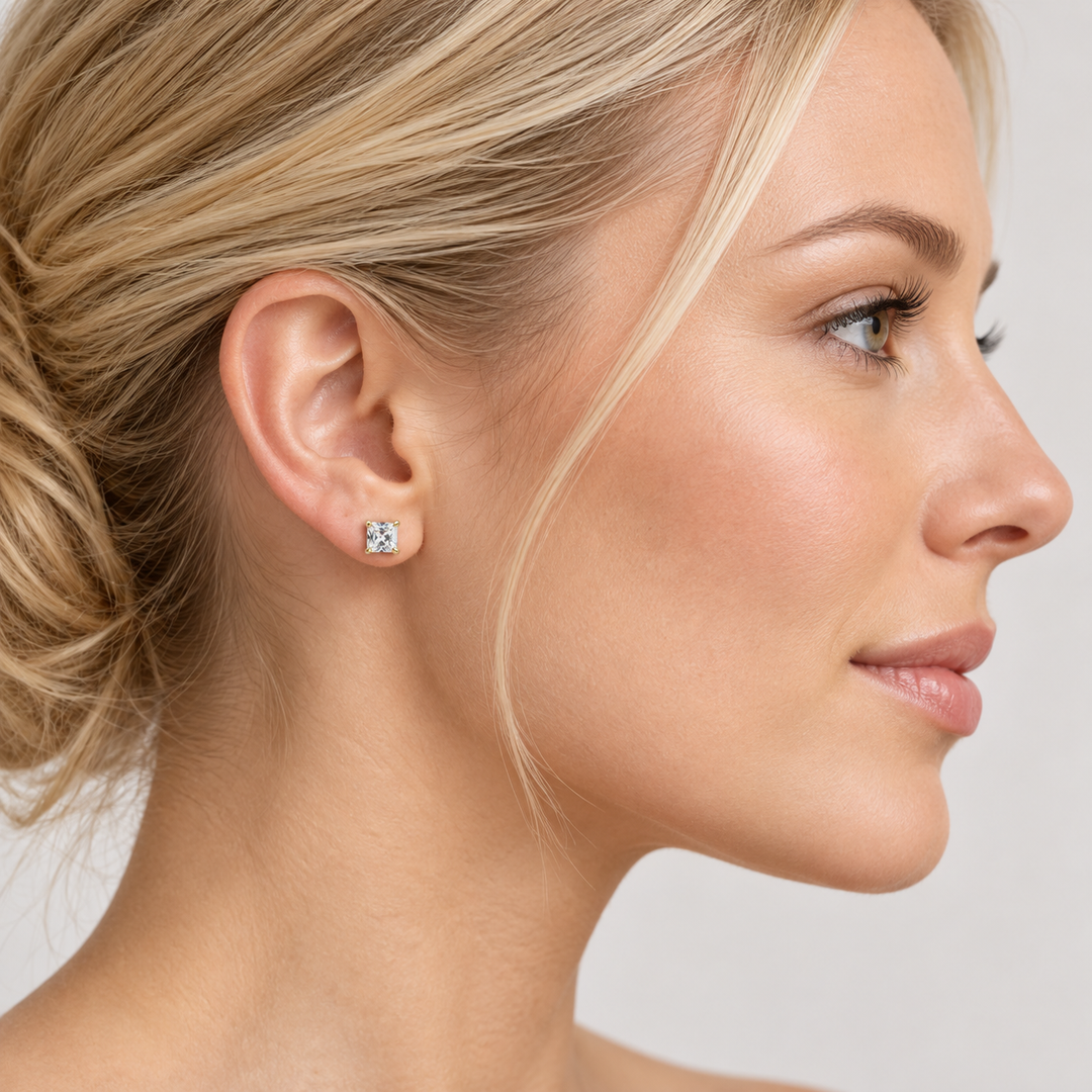 0.78 Carat Total Weight Princess-Cut Diamond Simulant Stud Earrings in Solid 14K Yellow Gold