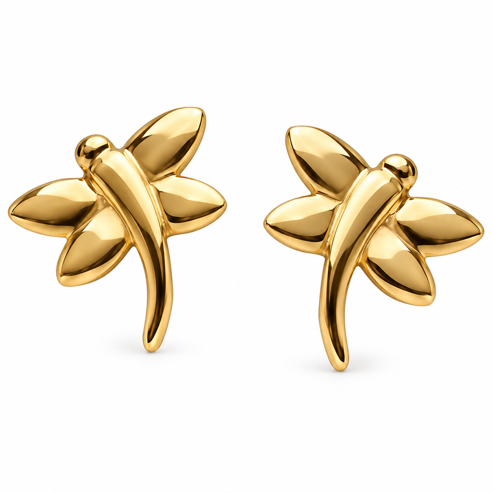 Petite 14K Yellow Gold Dragonfly Stud Earrings – High-Polish Insect Earrings with Push Backs