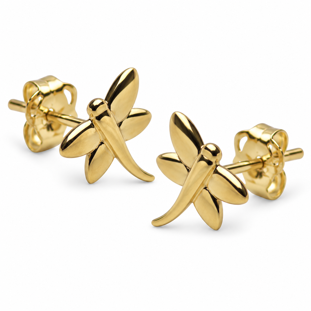 Petite 14K Yellow Gold Dragonfly Stud Earrings – High-Polish Insect Earrings with Push Backs