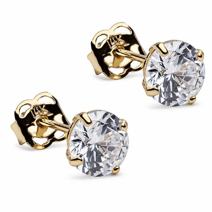 6 mm Round Cubic Zirconia Stud Earrings in Solid 14K Yellow Gold – Four-Prong Push-Back Earrings