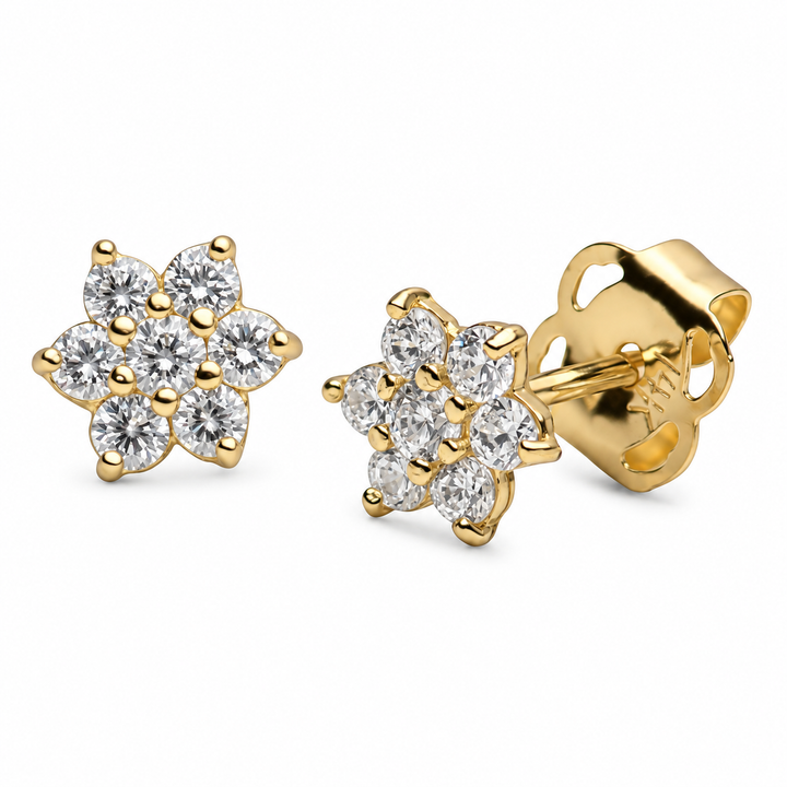Petite 4.2 mm Floral Cubic Zirconia Stud Earrings in Solid 14K Yellow Gold – 14-Stone Prong-Set Flower Earrings